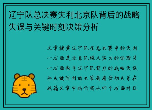 辽宁队总决赛失利北京队背后的战略失误与关键时刻决策分析